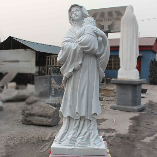 Natural Stone White Marble Virgin Mary Statue with Jesus Christ Carving Sculpture for Sale